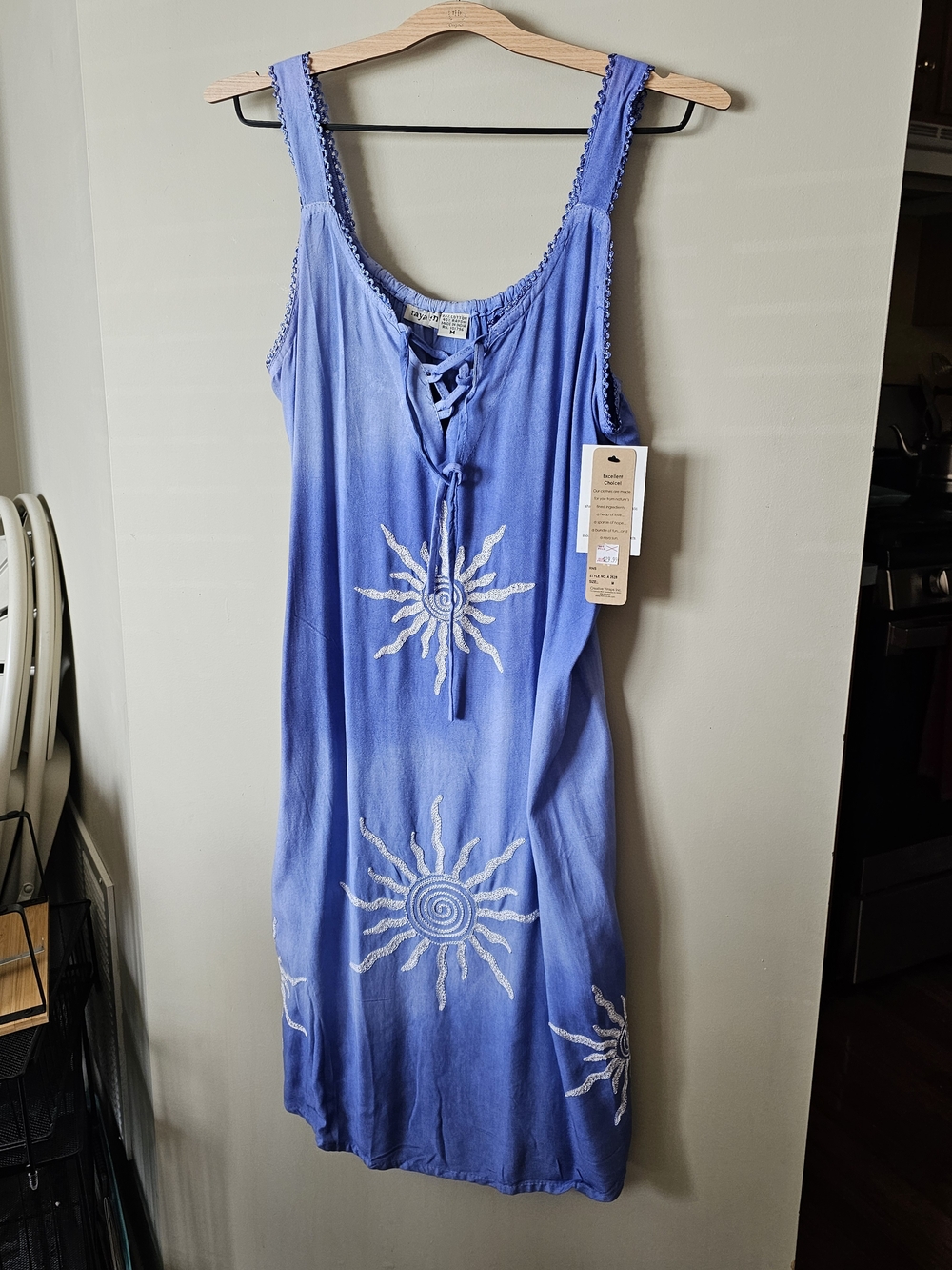 Blue Tie-Dye Sun Embroidered Sleeveless Dress